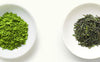 Two white dishes filled with green tea showing matcha vs. green tea leaves